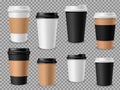 Paper coffee cups set. White paper cups, blank brown container with lid for latte mocha cappuccino drinks realistic Royalty Free Stock Photo
