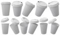 Paper coffee cups with white lid. Open and closed disposable paper cup realistic mockup. 3D rendered image. Royalty Free Stock Photo