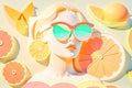 A paper collage with cartoon woman on beach, with sunglasses and fruits, generative ai image Royalty Free Stock Photo