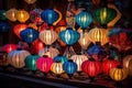 Paper colored lanterns on the streets of the old town. Generative AI