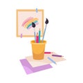 Paper, Colored Pencils and Brush as Kids Toy Vector Illustration