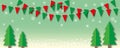 Paper colourful flags with Christmas tree on green background. Merry Christmas and new year concept.