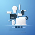 Paper concept of coding, front and back end software development, program code testing. White silhouettes of laptop