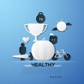 Paper concept of healthy lifestyle, nutrition, fitness, weight loss. White silhouettes of winner`s cup, bicycle, fruits Royalty Free Stock Photo