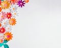 Paper craft Flower Decoration Concept. warm color flowers and leaves made of paper. Space for copy.