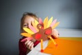 Paper craft for kids. DIY Turkey made for thanksgiving day. create art for children. Royalty Free Stock Photo