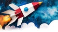 A paper craft rocket ascends through a whimsical sky filled with stars, clouds, and a vibrant cosmic backdrop, evoking a sense of Royalty Free Stock Photo