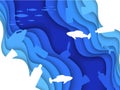 Paper craft underwater ocean cave with fishes, coral reef, seabed, waves, plastic trash at bottom