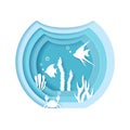 Paper craft underwater sea cave with fishes, crab, seahorse, seabed in algae, waves. World Oceans Day 8 June. Diving concept Royalty Free Stock Photo