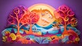 Paper craft whimsical fantasy landscape with gradient fade colors. 3D abstract background with paper cut shapes Royalty Free Stock Photo