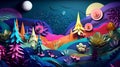 Paper craft whimsical fantasy landscape with gradient fade colors. 3D abstract background with paper cut shapes Royalty Free Stock Photo