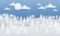 Paper craft winter background. Christmas landscape with cartoon village, starry night and spruce trees. Vector paper Royalty Free Stock Photo