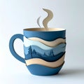 Paper Crafted Blue Coffee Cup with Landscape Layers and Curling Steam Royalty Free Stock Photo