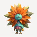 Paper crafted sunflower style character on solid color background.