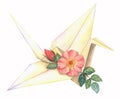 Paper crane with flower of wild pink scarlet rose with leaves. Hand-drawn watercolor illustration for greeting cards