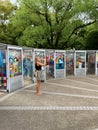 Paper cranes booths at Sadako Sasaki statue in Hiroshima peace memorial park