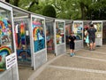 Paper cranes booths at Sadako Sasaki statue in Hiroshima peace memorial park