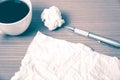 Paper and crumpled with pen and coffee cup vintage style Royalty Free Stock Photo