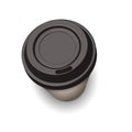 Paper cup. Cardboard craft drink glass with closed plastic lid top view. Coffee latte espresso mug. Vector illustration recycle