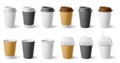 Paper cup. Cardboard cups with cap and mugs for hot coffee and tea. Realistic black, white, brown cafe drinks eco Royalty Free Stock Photo