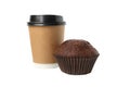Paper cup and chocolate muffin isolated on background Royalty Free Stock Photo