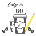 Paper Cup for coffee, Hand drawn doodle, with lettering Coffee To Go and realistic pencil. Vector illustration.