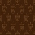 Paper cup of coffee hand-drawn. Vector seamless doodle pattern on brown background. Design for textile, print Royalty Free Stock Photo