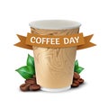Paper cup of coffee with leaves and beans concept to International Coffee Day celebrating. Vector illustration isolated on white Royalty Free Stock Photo