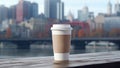 Paper cup of coffee mockup on city background. Closeup blank template canvas cappuccino coffee mug with empty copy space.