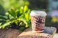 A paper cup with coffee on an old wooden background Royalty Free Stock Photo