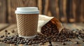 Paper cup of coffee with smoke and coffee beans on old wooden background Royalty Free Stock Photo