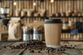 Paper cup of coffee with smoke and coffee beans on old wooden background Royalty Free Stock Photo