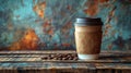 Paper cup of coffee with smoke and coffee beans on old wooden background Royalty Free Stock Photo