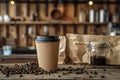 Paper cup of coffee with smoke and coffee beans on old wooden background Royalty Free Stock Photo