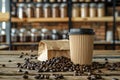 Paper cup of coffee with smoke and coffee beans on old wooden background Royalty Free Stock Photo