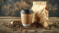 Paper cup of coffee with smoke and coffee beans on old wooden background Royalty Free Stock Photo