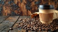 Paper cup of coffee with smoke and coffee beans on old wooden background Royalty Free Stock Photo