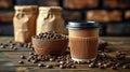 Paper cup of coffee with smoke and coffee beans on old wooden background Royalty Free Stock Photo