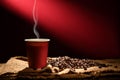 Paper cup of coffee with smoke and coffee beans Royalty Free Stock Photo