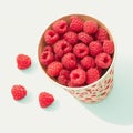 Paper cup filled with vibrant red raspberries, minimalist presentation