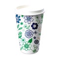 Paper cup with flower pattern and white lid on a white background. Royalty Free Stock Photo