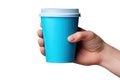 Paper Cup in Hands Isolated, Hand Holds Cup, Coffee Mug, Teacup, Hot Beverage Mockup, Grey Cup in Arms