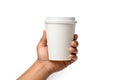 Paper Cup in Hands Isolated, Hand Holds Cup, Coffee Mug, Teacup, Hot Beverage Mockup, Grey Cup in Arms