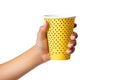 Paper Cup in Hands Isolated, Hand Holds Cup, Coffee Mug, Teacup, Hot Beverage Mockup, Grey Cup in Arms