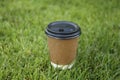 Paper cup with hot coffee on green grass outdoors, closeup. Takeaway drink