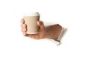 Paper  cup of hot coffee or tea in hand isolated on white background Royalty Free Stock Photo