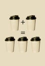 Paper cup with hot coffee to go isolated on biege pastel background. Take away drinks, fast food. Copy space, price tag