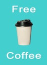 Paper cup with hot coffee to go isolated on a light blue background. Take away drinks, fast food. Copy space, price tag Royalty Free Stock Photo