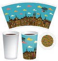 Paper cup for hot drink with old town and airship