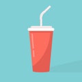 Paper cup icon. Paper red cups with straws for soda or cold beverage. Isolated cardboard cup with long shadow. Drink icon. Fast Royalty Free Stock Photo